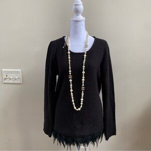 Neiman Marcus Black Knit Long Sleeve Knit Lightweight Sweater with Feather Trim